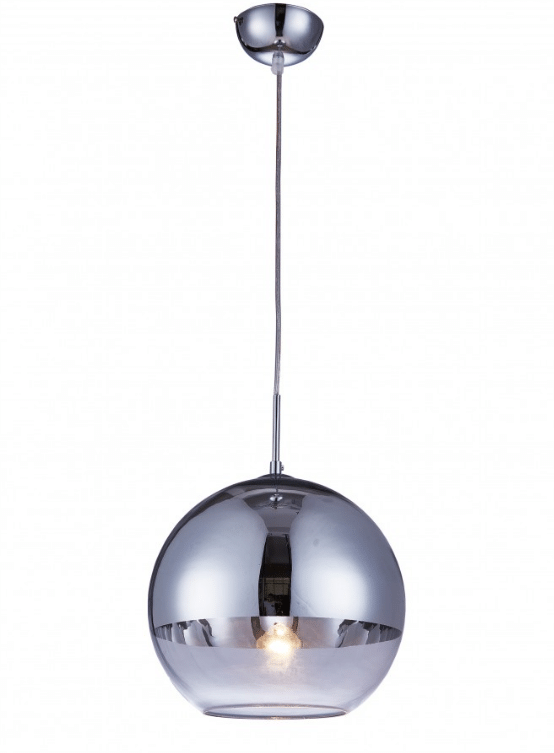 lampadario a sfera argentato cromato e trasparente con diametro di 30 cm