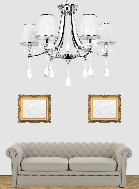 lampada classica da salotto con cristalli pendenti di colore bianco e 6 luci