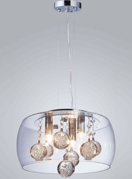 lampada moderna sfere cristallo e paralume in vetro trasparente FABINA