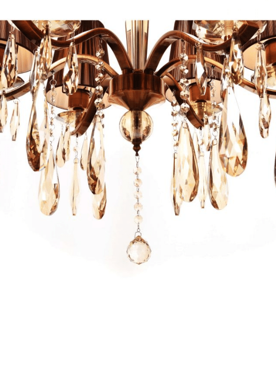 particolare lampadario classico con cristalli 6 luci gocce di cristallo pendenti paralumi in tessuto marrone