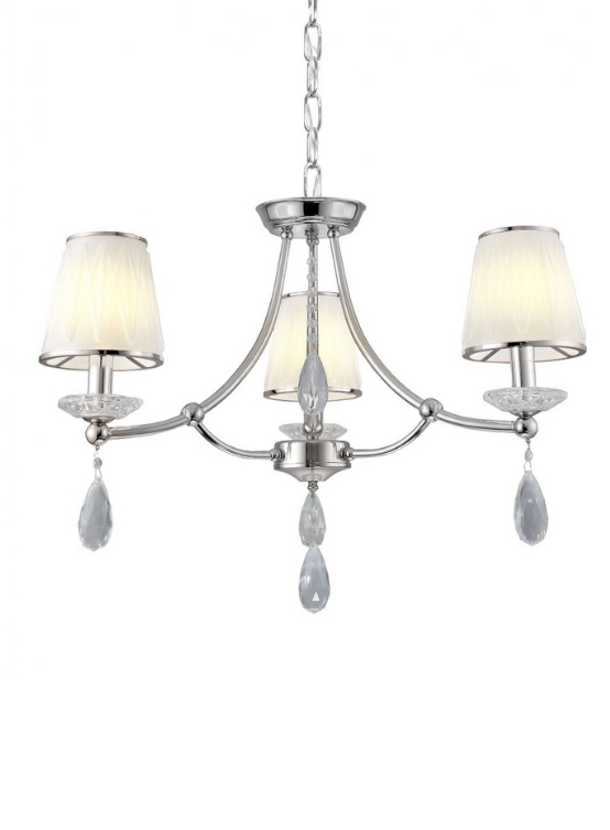 lampadario classico in cristallo con 3 luci e paralumi bianchi