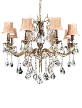 lampadario elegante classico cristalli con struttura ottone con paralume color crema