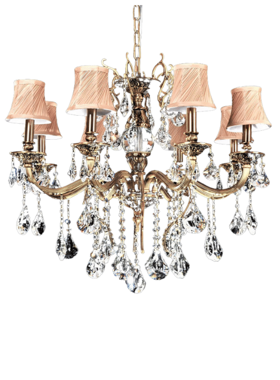lampadario elegante classico cristalli con struttura ottone con paralume color crema