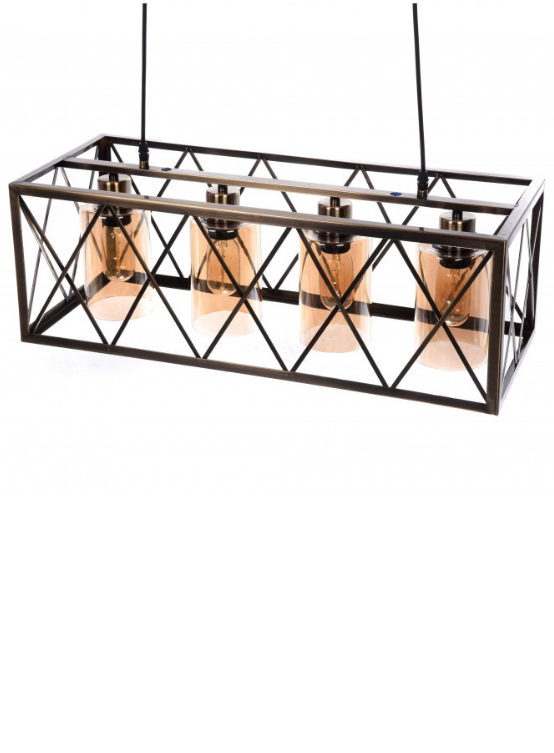 lampadario stile industriale a gabbia con paralumi in vetro ambra