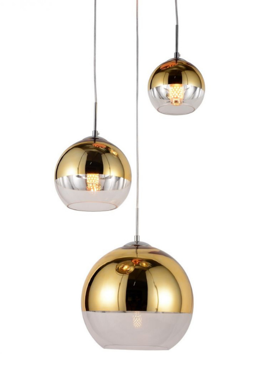 lampada sospensione tre luci sferiche color oro in vetro