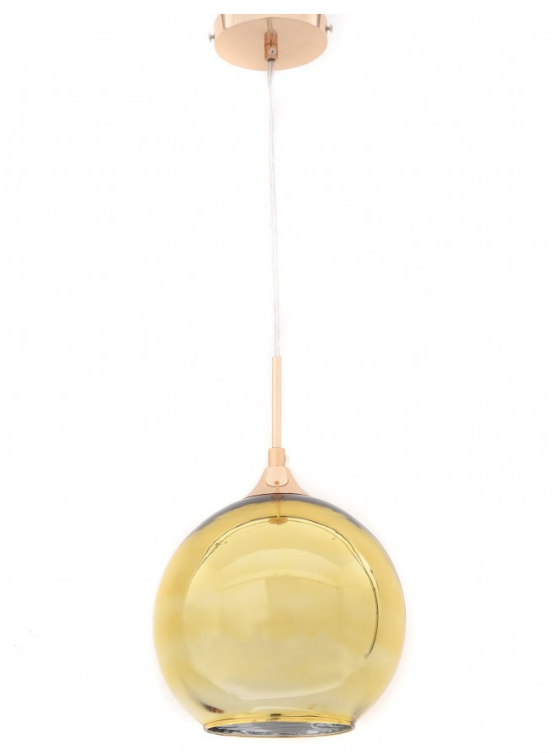 lampadario a sospensione con sfera oro e attacco al soffitto color oro rosa
