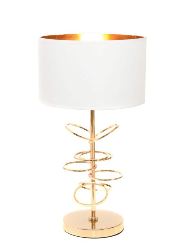 lampada da tavolo con struttura dorata e paralume bianco