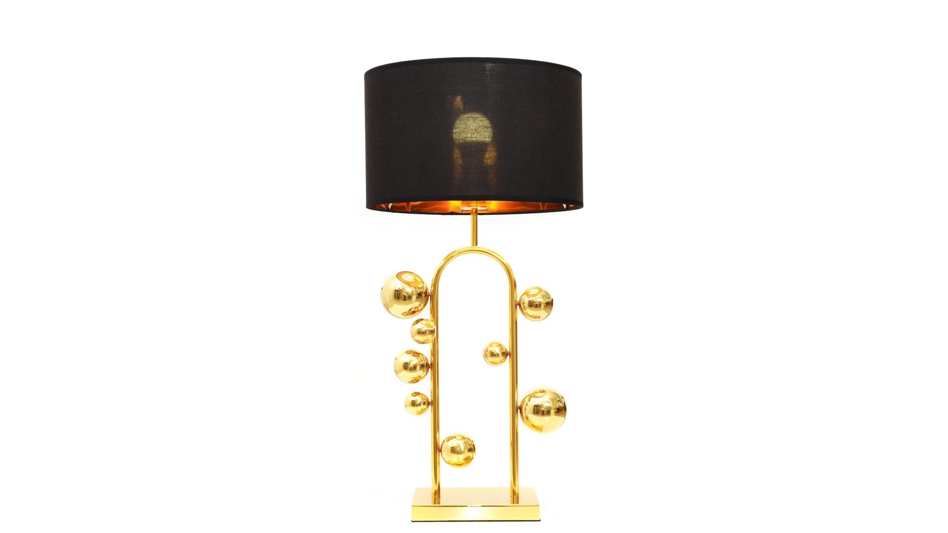 Lampada da tavolo con sfere dorate e paralume nero-Lampadevintage.it