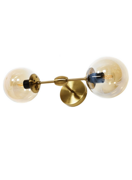 applique stile industriale ottone con paralume a forma di sfera in vetro ambrato