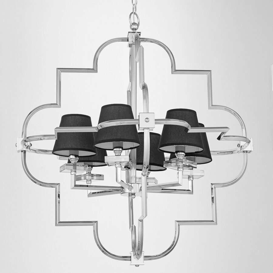 lampadario moderno quadrifoglio cromato paralumi neri