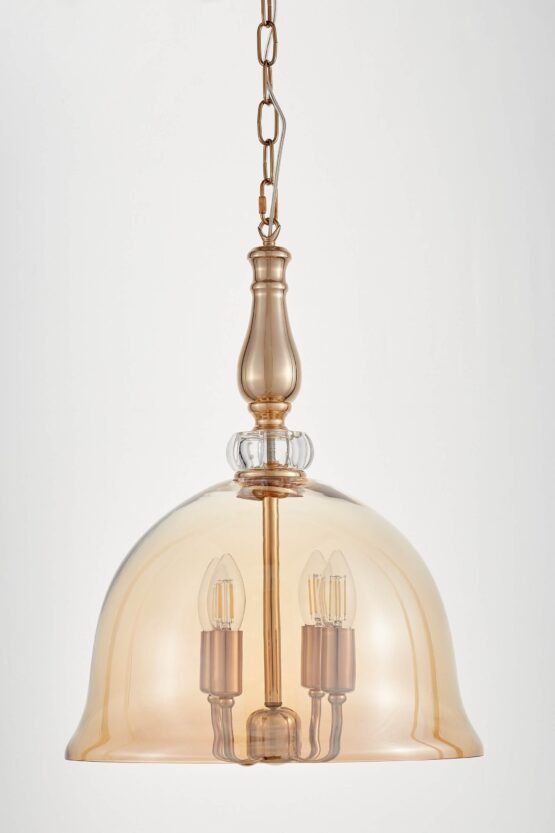 lampada a sospensione paralume vetro ambra a forma di campana