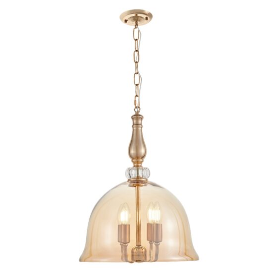 lampada a sospensione a forma di campana color ambra quattro luci