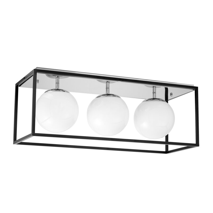 lampada soffitto moderna tre luci gabbia rettangolare sfere vetro maldi