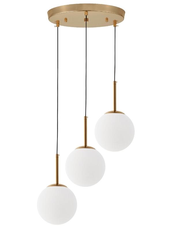 lampadari con tre luci sfere vetro bianche e ottone