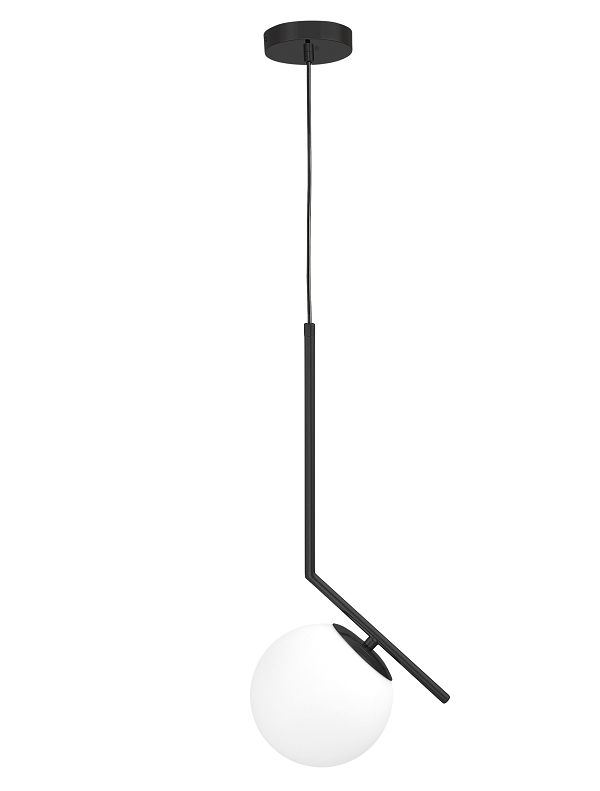 Lampada sospensione sfera bianca struttura nera design moderno