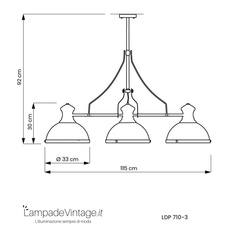 dimensioni lampadario 3 luci a sospensione industriale metallo