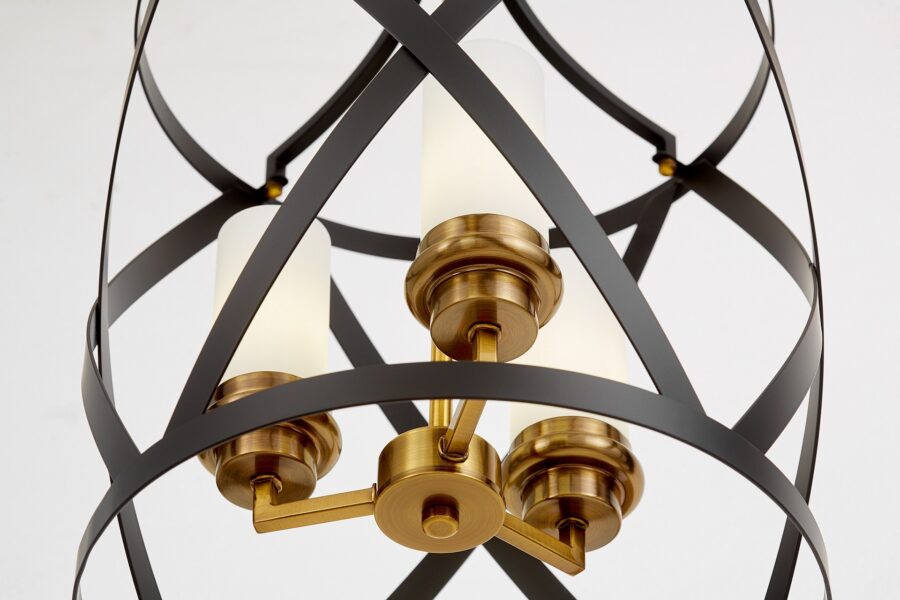 Lampadario a gabbia nero e ottone con paralumi a candela ASTILA W3 stile industriale