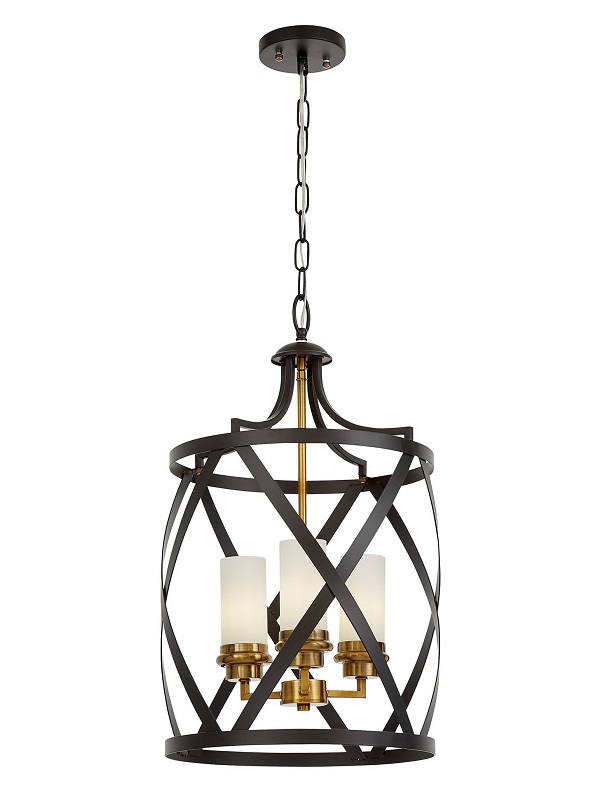 Lampadario industriale gabbia nero e ottone con paralumi a candela ASTILA W3