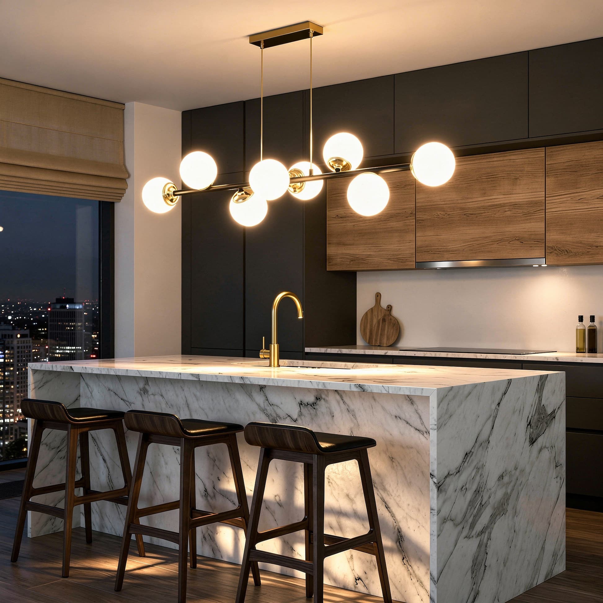 Lampadario bancone nero e oro con sfere FINO W8