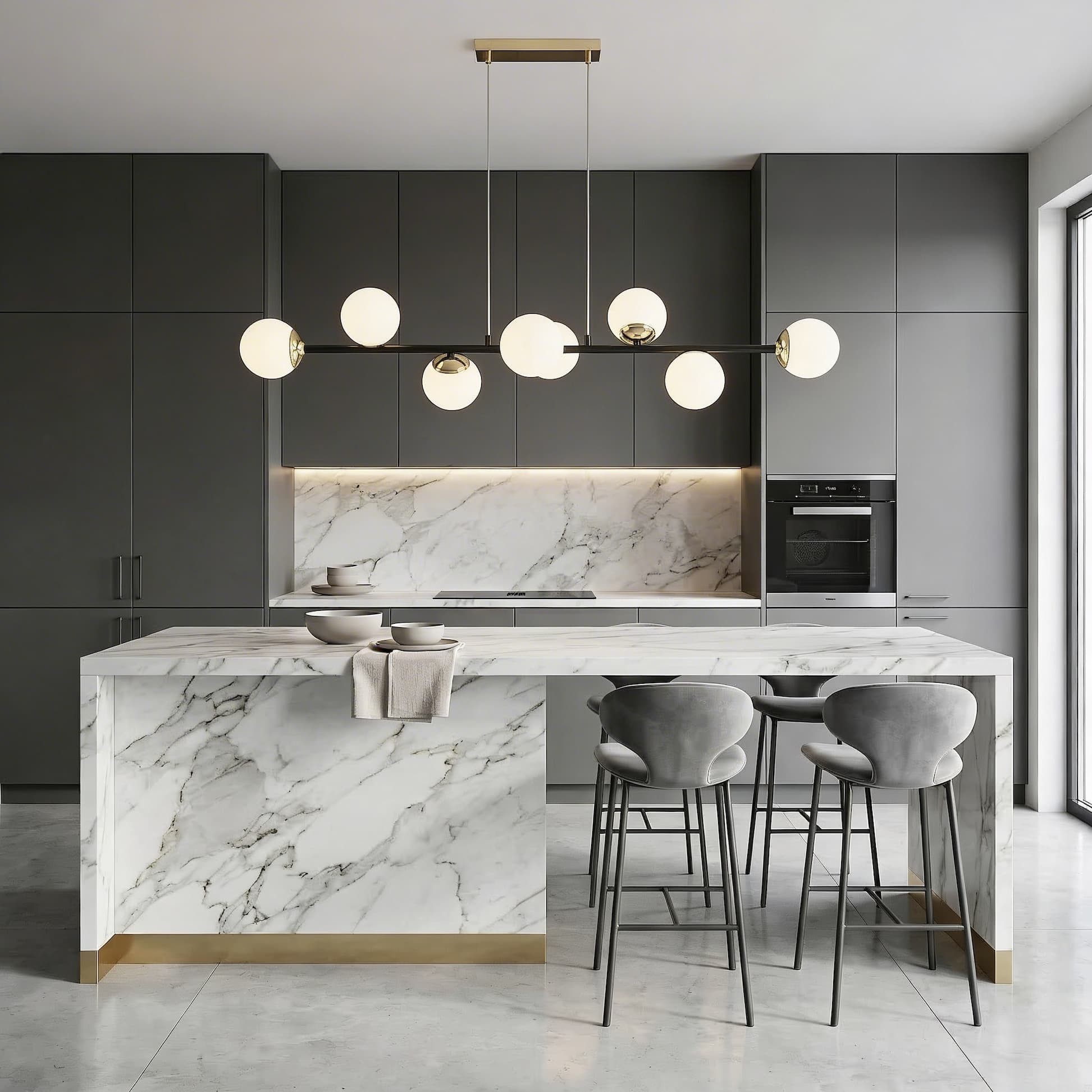 Lampadario lineare nero e oro con sfere FINO W8 (4)