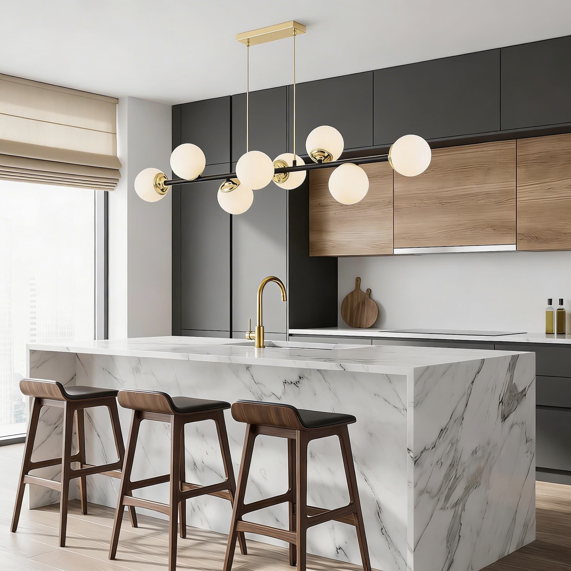 Lampadario lineare nero e oro con sfere FINO W8 - immagine 7