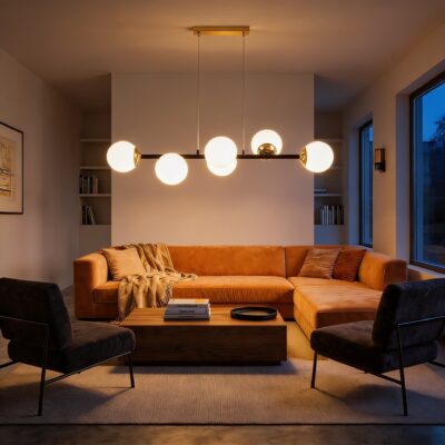 lampadario con sfere di vetro bianco nero e oro per living