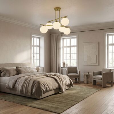 plafoniera camera da letto 6 sfere vetro bianco ottone