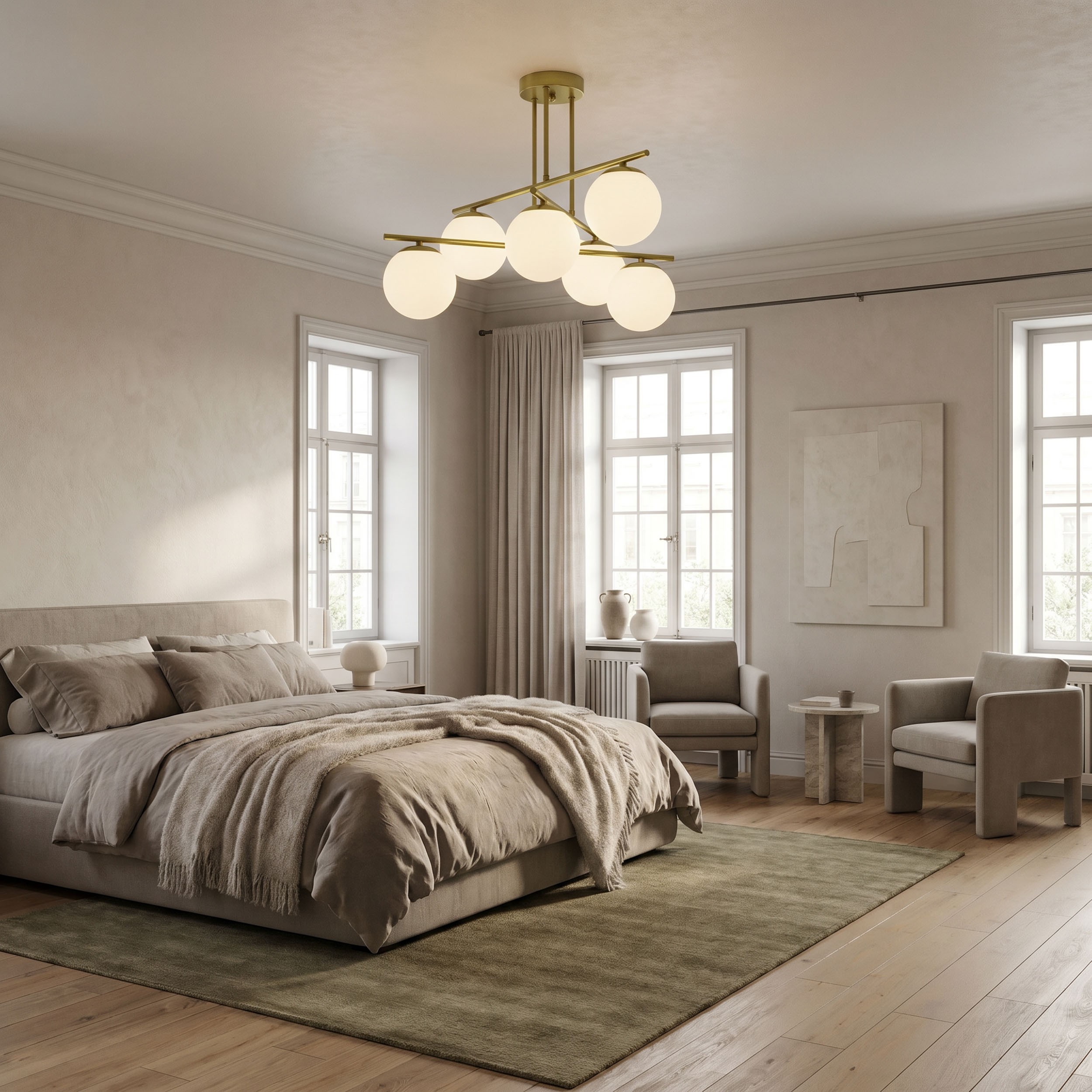 plafoniera camera da letto 6 sfere vetro bianco ottone