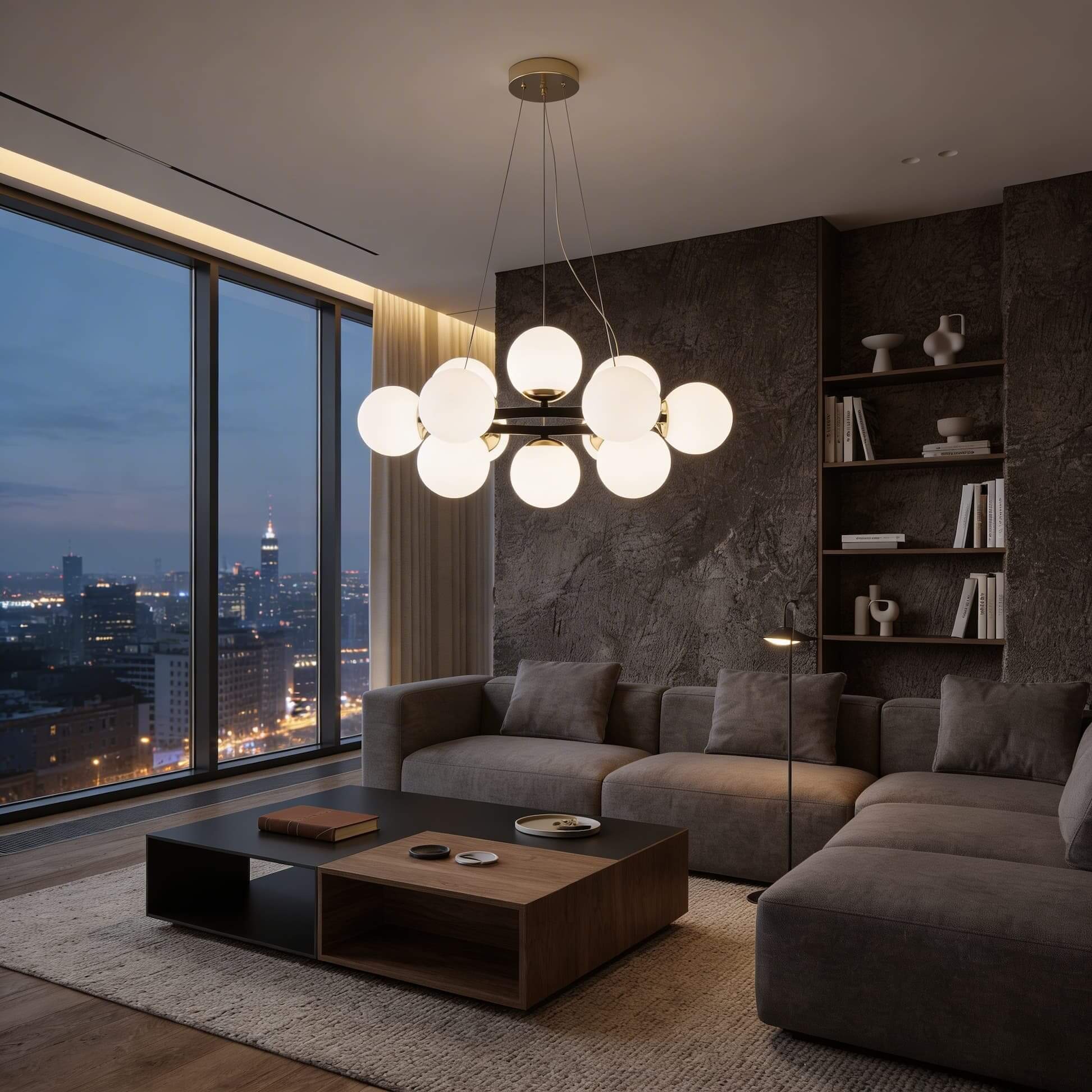 lampadario moderno 12 luci nero e oro